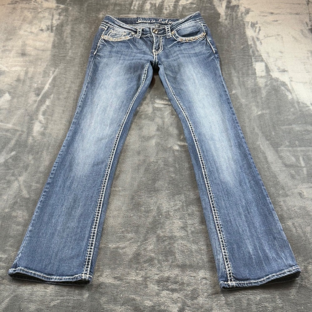 Grace in LA Womens Bootcut Jeans Size 28 Medium Wash Rhinestone Pocket Denim